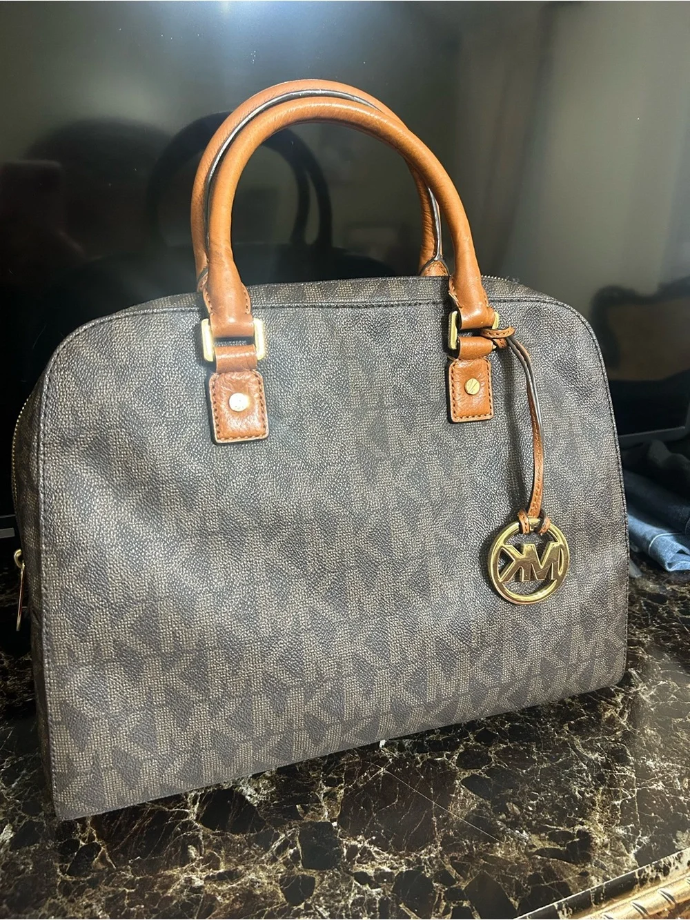 Michael Kors Brown MK Logo Satchel with Tan Handles and Gold Accent